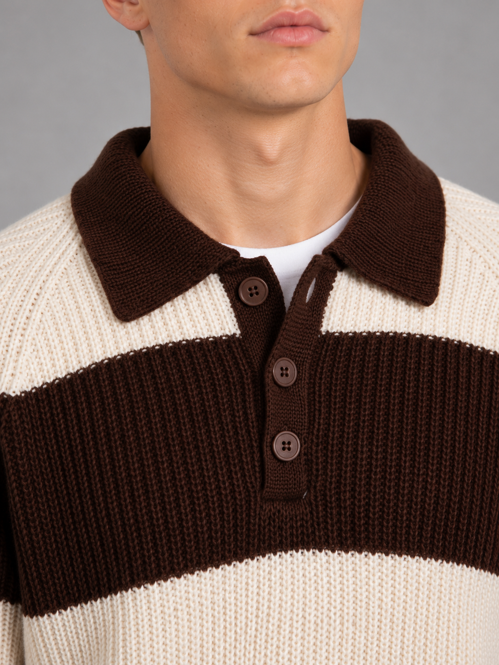 Men's Striped Ribbed Knit Polo Sweater in Brown