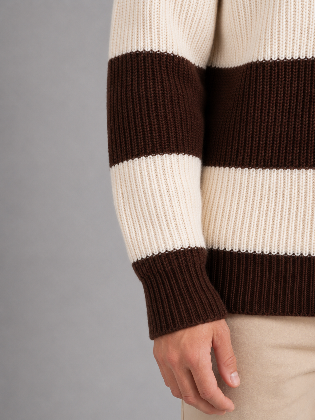 Men's Striped Ribbed Knit Polo Sweater in Brown