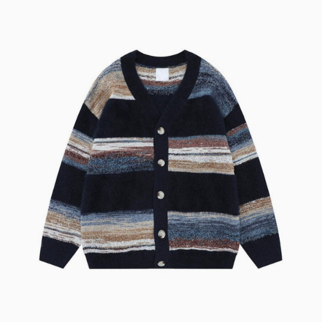 Men's Striped V-Neck Button Cardigan Sweater