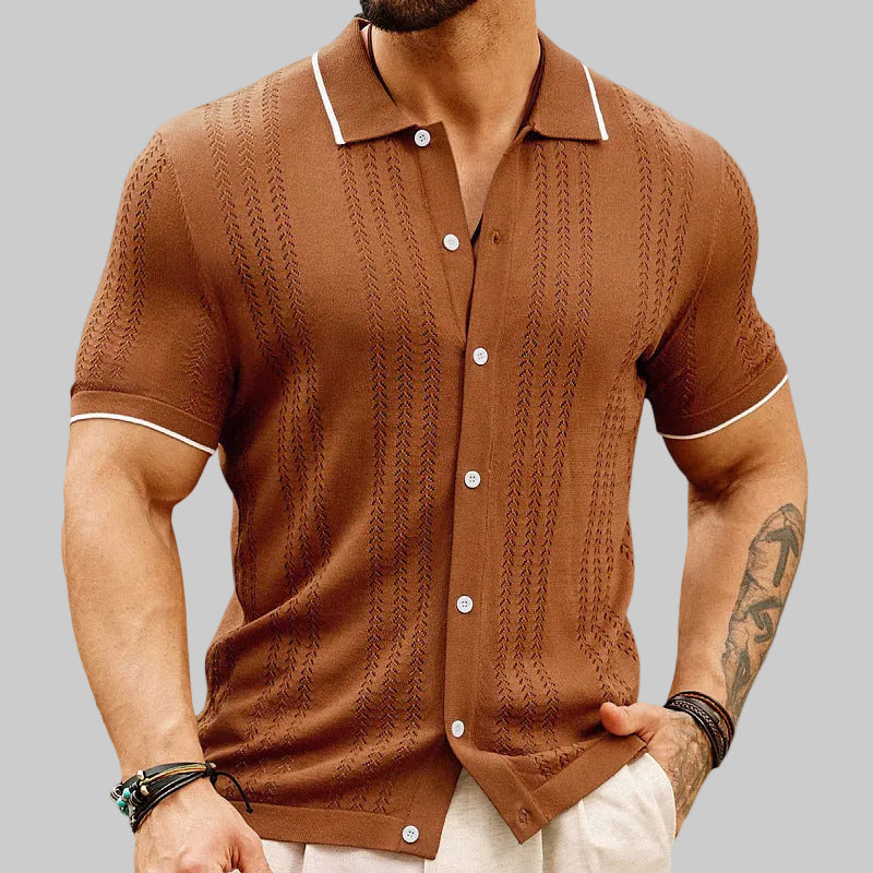 Men's Short-Sleeve Knit Button-Up Shirt with Contrast Trim