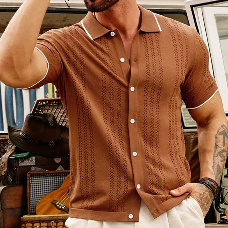 Men's Short-Sleeve Knit Button-Up Shirt with Contrast Trim
