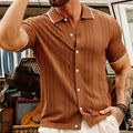 Men's Short-Sleeve Knit Button-Up Shirt with Contrast Trim