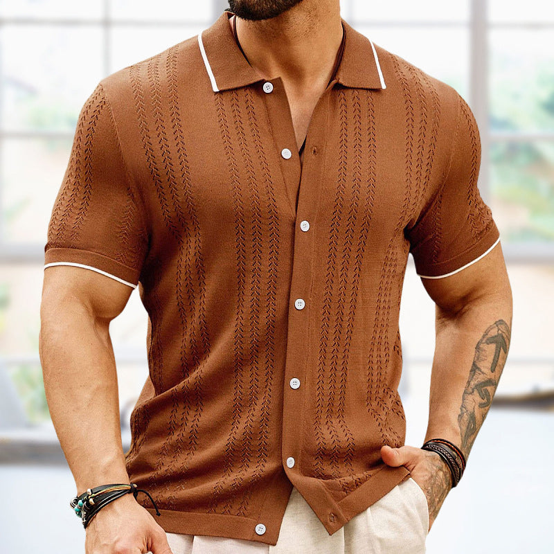 Men's Short-Sleeve Knit Button-Up Shirt with Contrast Trim