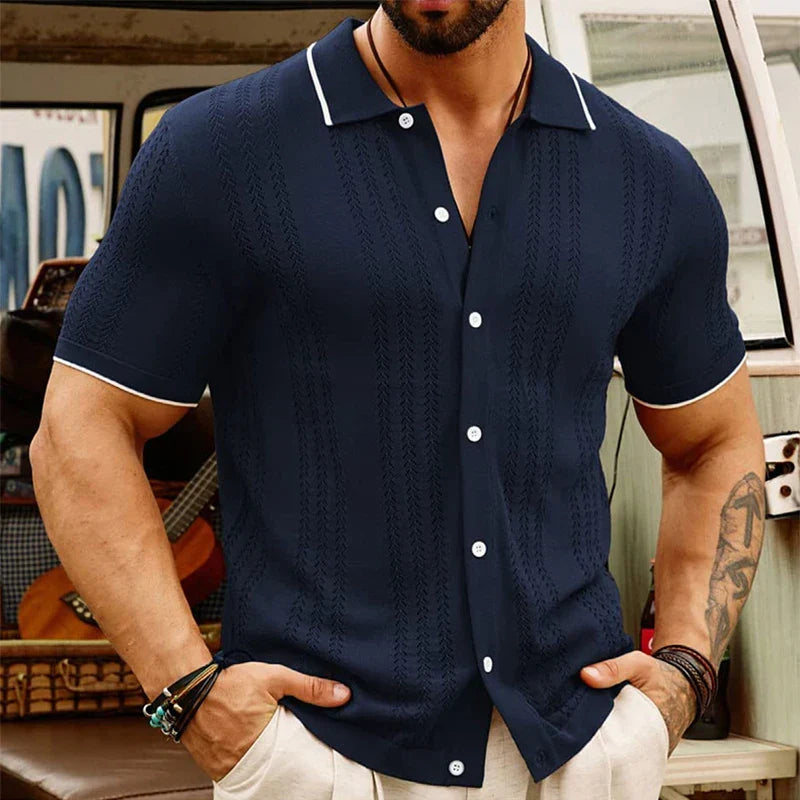 Men's Short-Sleeve Knit Button-Up Shirt with Contrast Trim