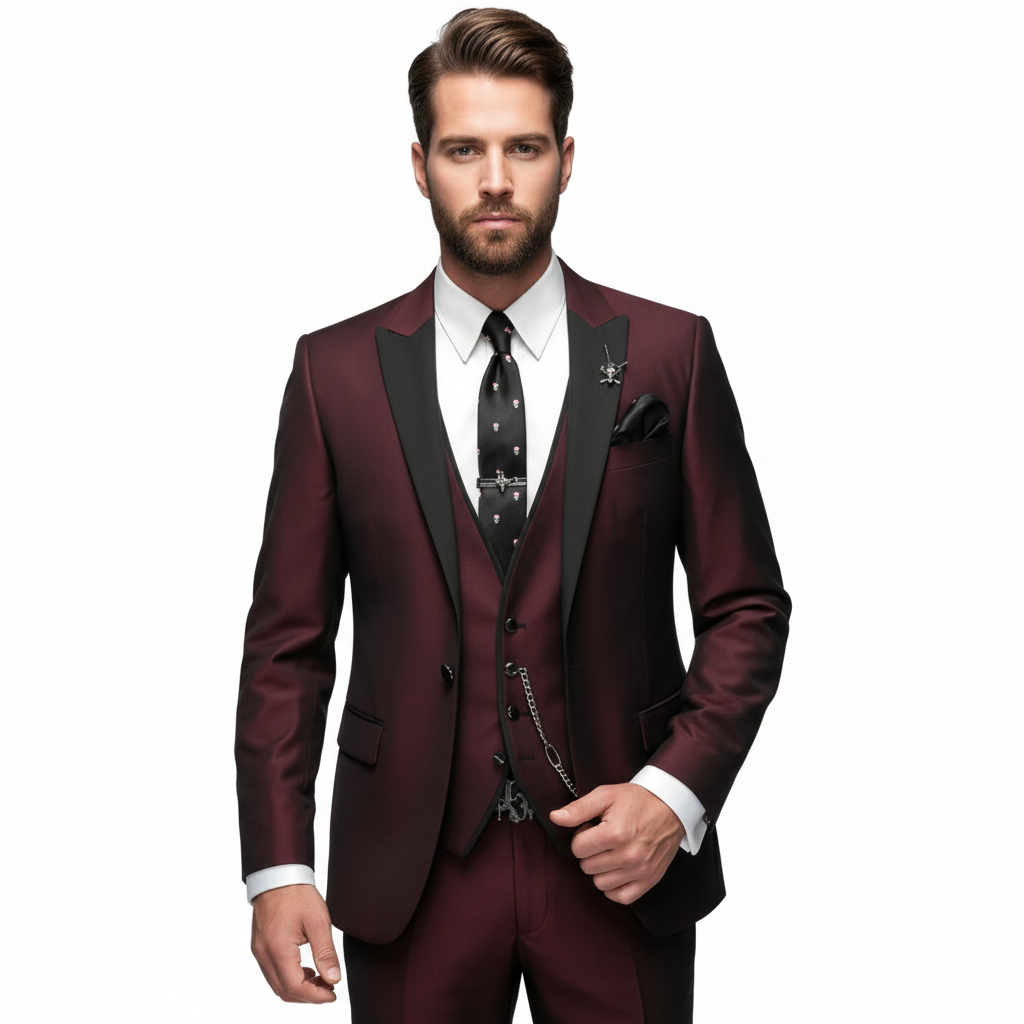 Men's Three-Piece Formal Suit with Contrast Lapel