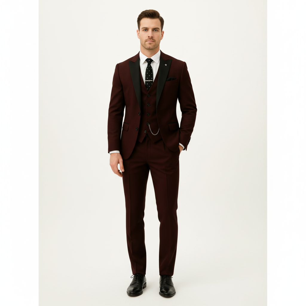 Men's Peak Lapel Three-Piece Christmas Party Suit in Burgundy