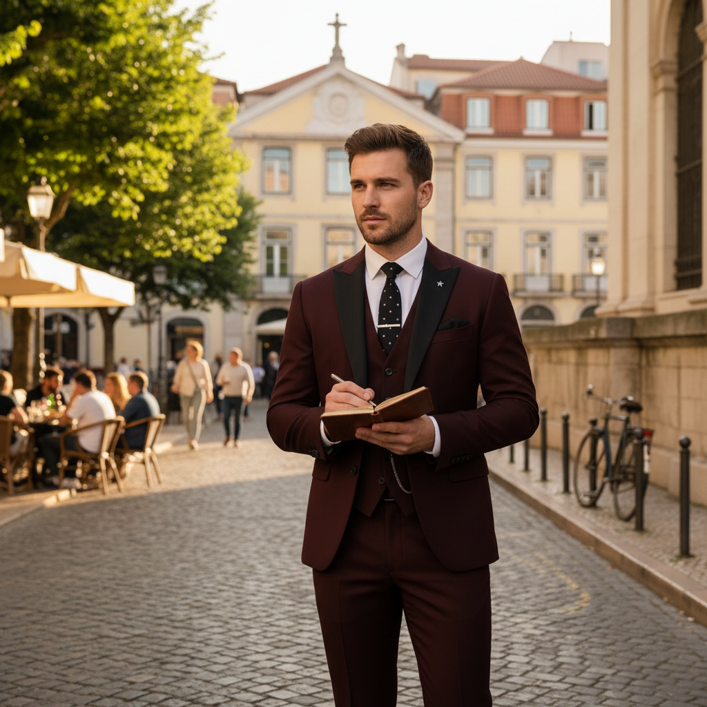 Men's Peak Lapel Three-Piece Christmas Party Suit in Burgundy