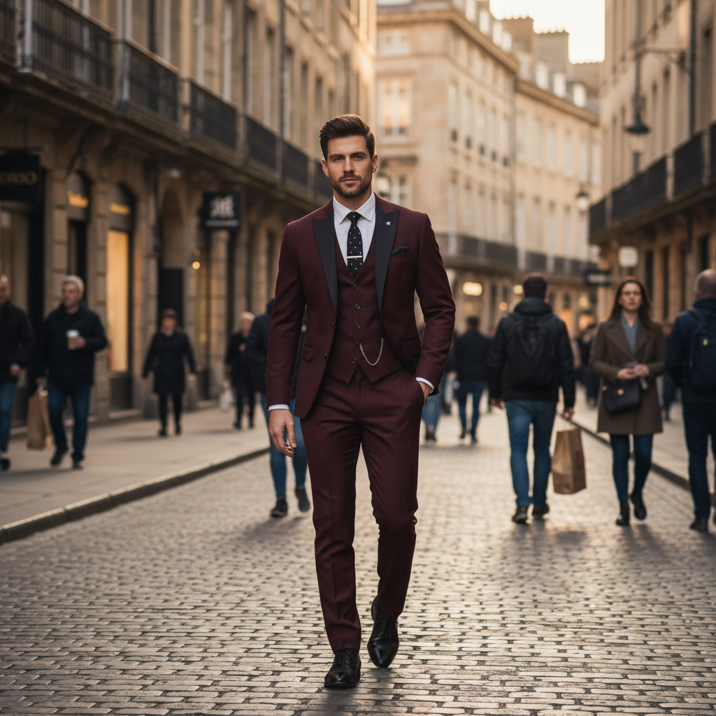 Men's Peak Lapel Three-Piece Christmas Party Suit in Burgundy