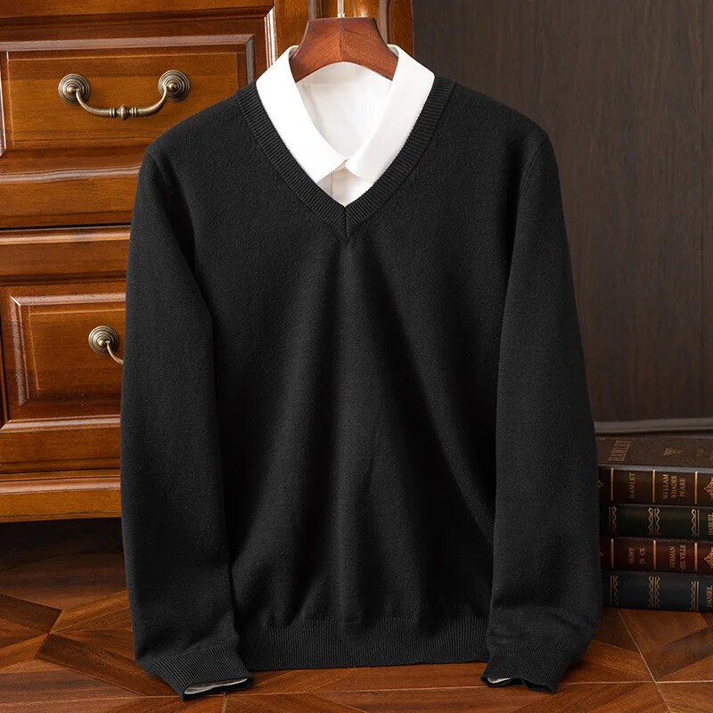 Men's Fine Knit V-Neck Pullover Sweater