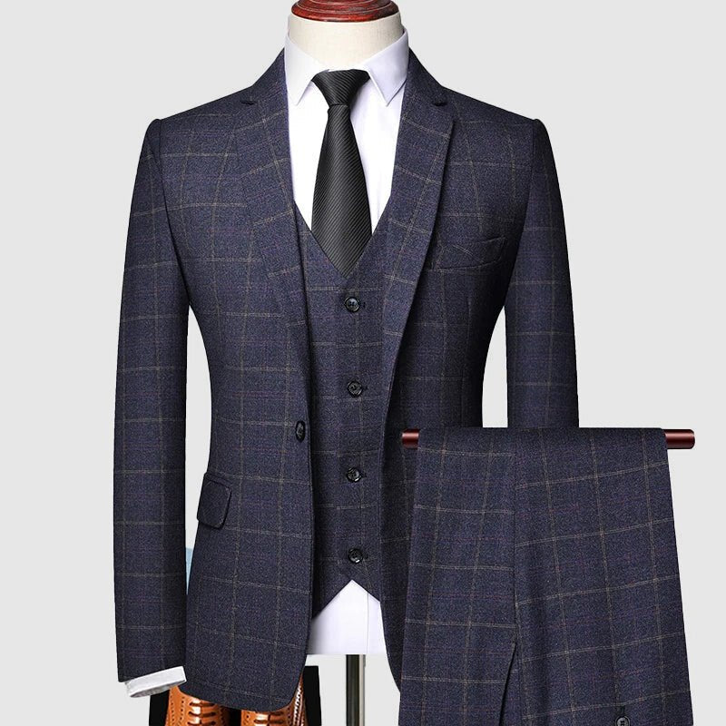 Men's Windowpane Check Three-Piece Suit