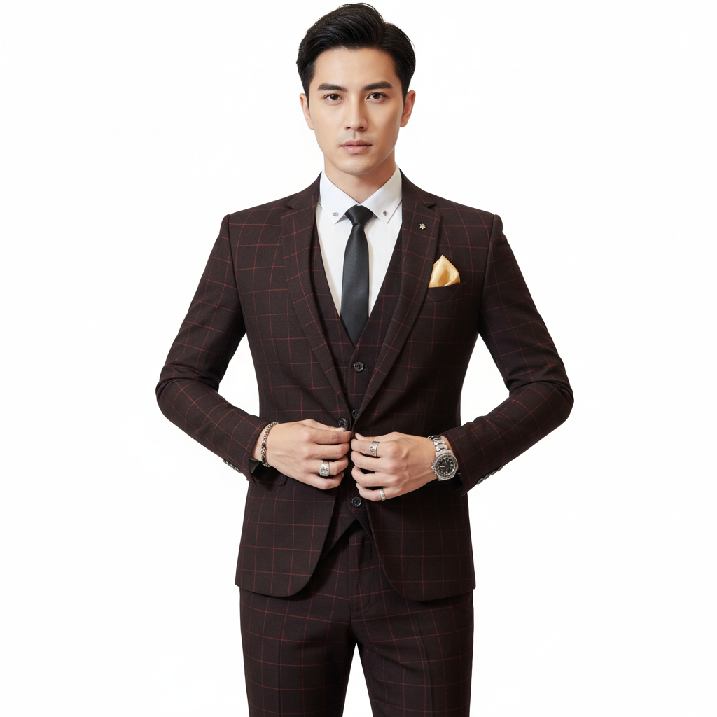 Men's Windowpane Plaid Three-Piece Suit