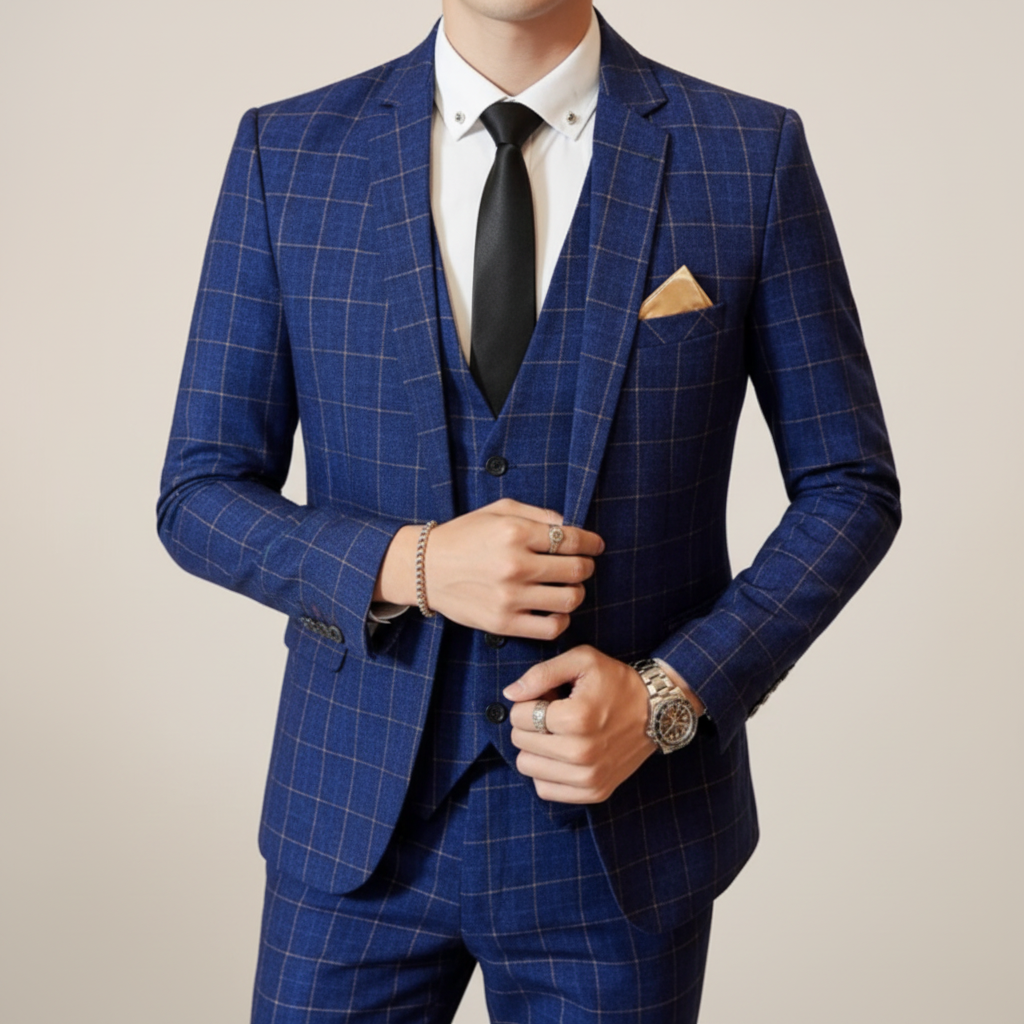Men's Windowpane Plaid Three-Piece Suit