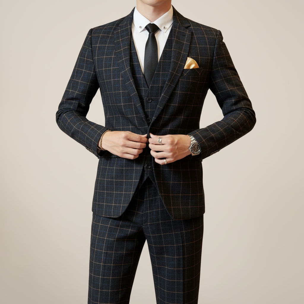 Men's Windowpane Plaid Three-Piece Suit