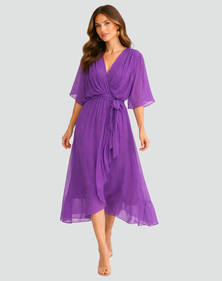 Mia | Women's V Neck Front Tie Flowy Midi Dress
