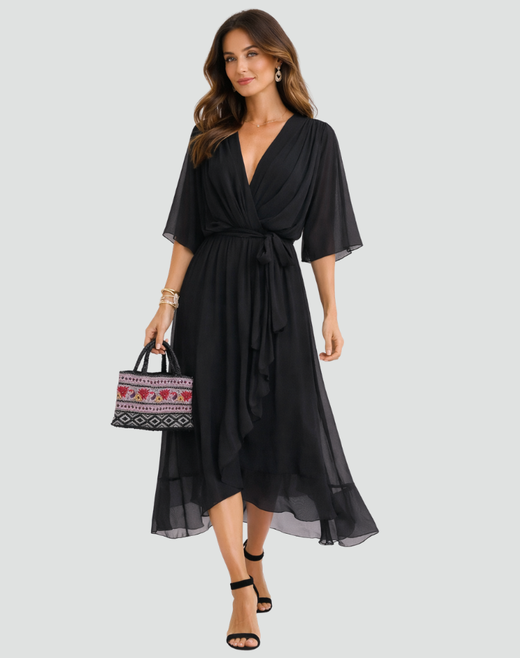 Mia | Women's V Neck Front Tie Flowy Midi Dress