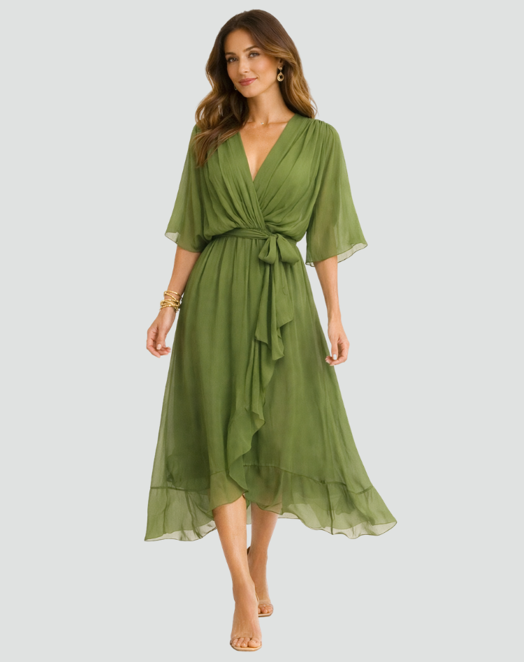 Mia | Women's V Neck Front Tie Flowy Midi Dress