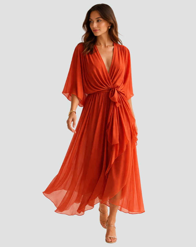 Mia | Women's V Neck Front Tie Flowy Midi Dress