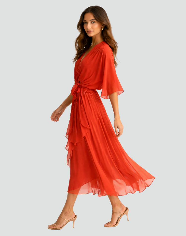 Mia | Women's V Neck Front Tie Flowy Midi Dress