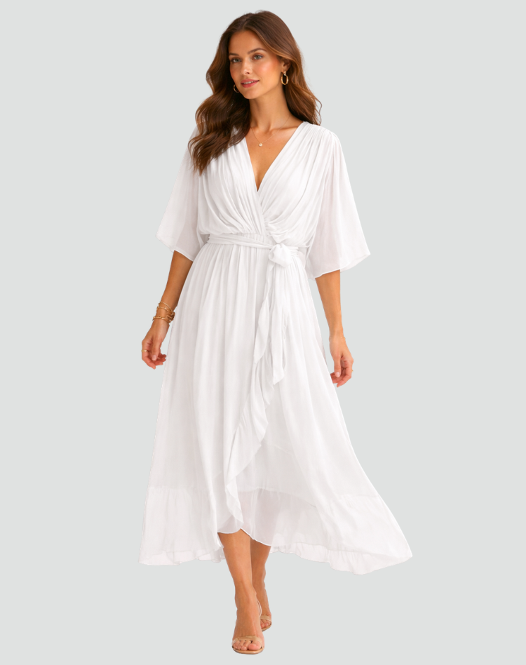 Mia | Women's V Neck Front Tie Flowy Midi Dress