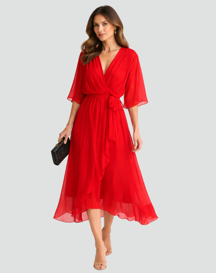 Mia | Women's V Neck Front Tie Flowy Midi Dress