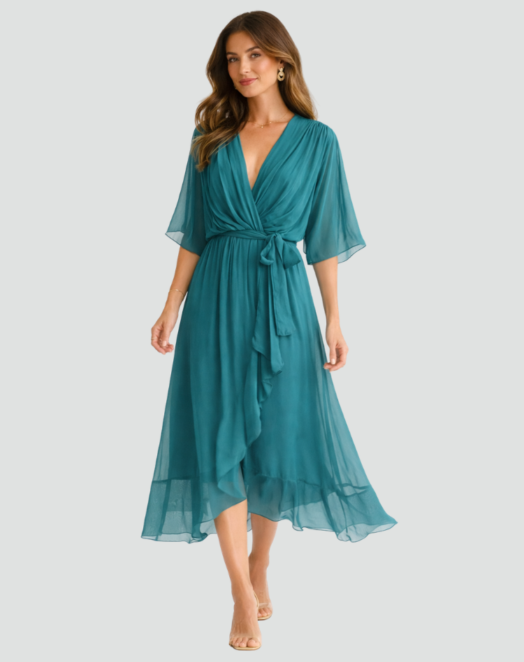 Mia | Women's V Neck Front Tie Flowy Midi Dress