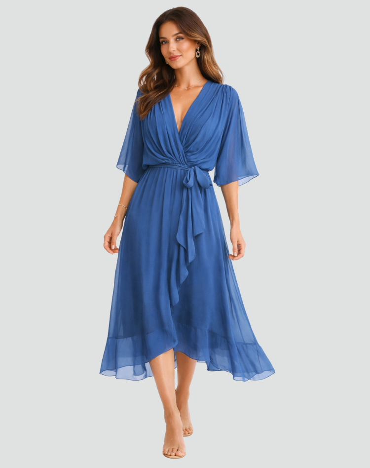 Mia | Women's V Neck Front Tie Flowy Midi Dress