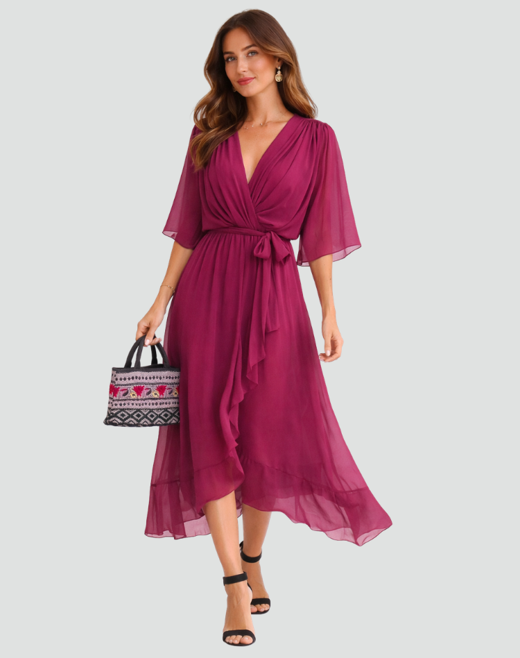 Mia | Women's V Neck Front Tie Flowy Midi Dress