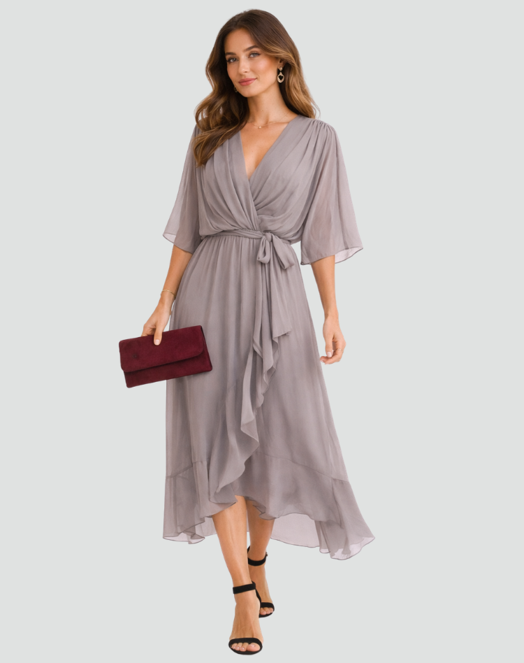 Mia | Women's V Neck Front Tie Flowy Midi Dress