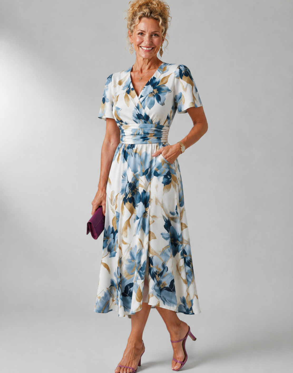 Millie | Women's Floral Wrap Front V Neck Midi Dress