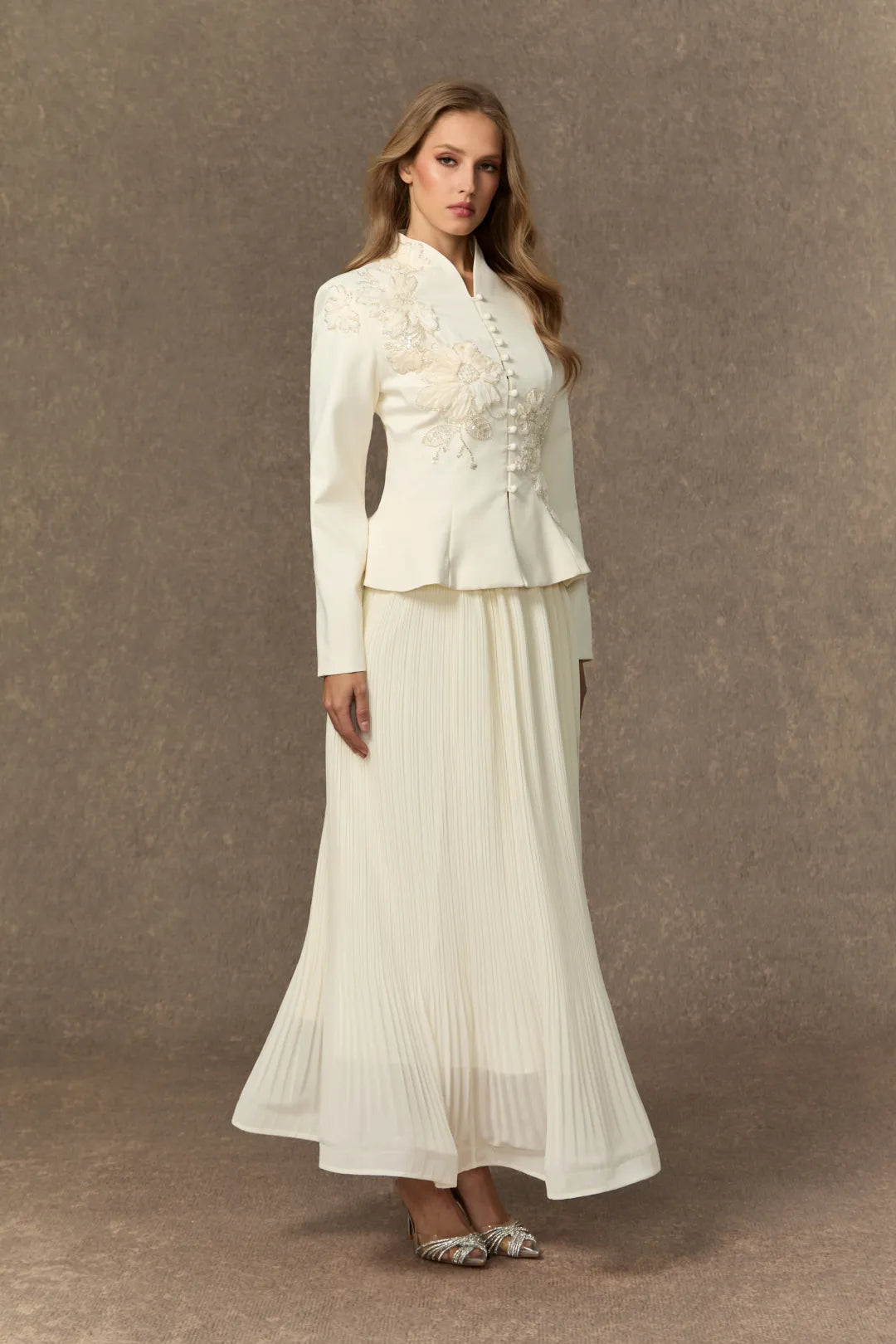 Misty | Women's Embroidered Peplum Jacket and Pleated Maxi Skirt Set