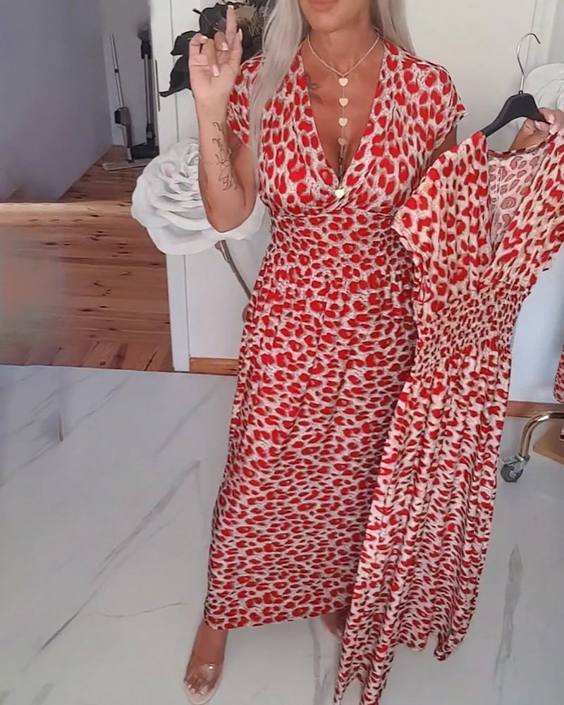 Moira | Women’s Leopard Print V Neck Short Sleeve Flowy Maxi Dress