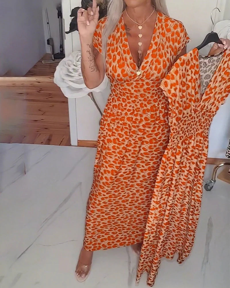 Moira | Women’s Leopard Print V Neck Short Sleeve Flowy Maxi Dress