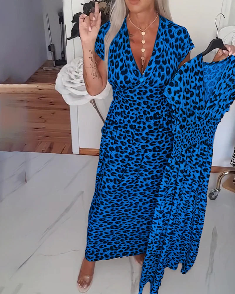 Moira | Women’s Leopard Print V Neck Short Sleeve Flowy Maxi Dress