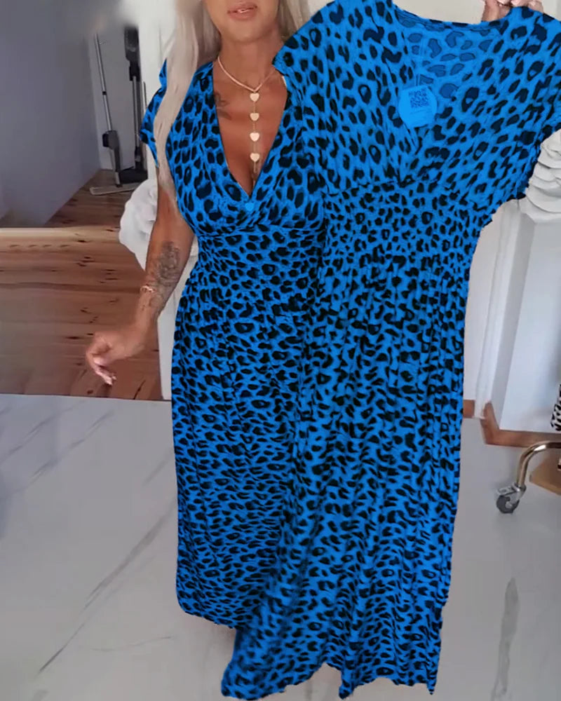 Moira | Women’s Leopard Print V Neck Short Sleeve Flowy Maxi Dress