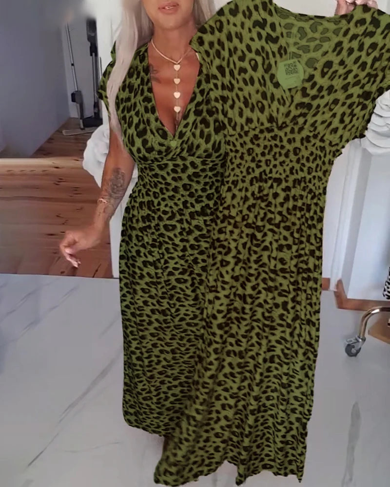 Moira | Women’s Leopard Print V Neck Short Sleeve Flowy Maxi Dress