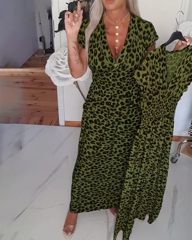 Moira | Women’s Leopard Print V Neck Short Sleeve Flowy Maxi Dress