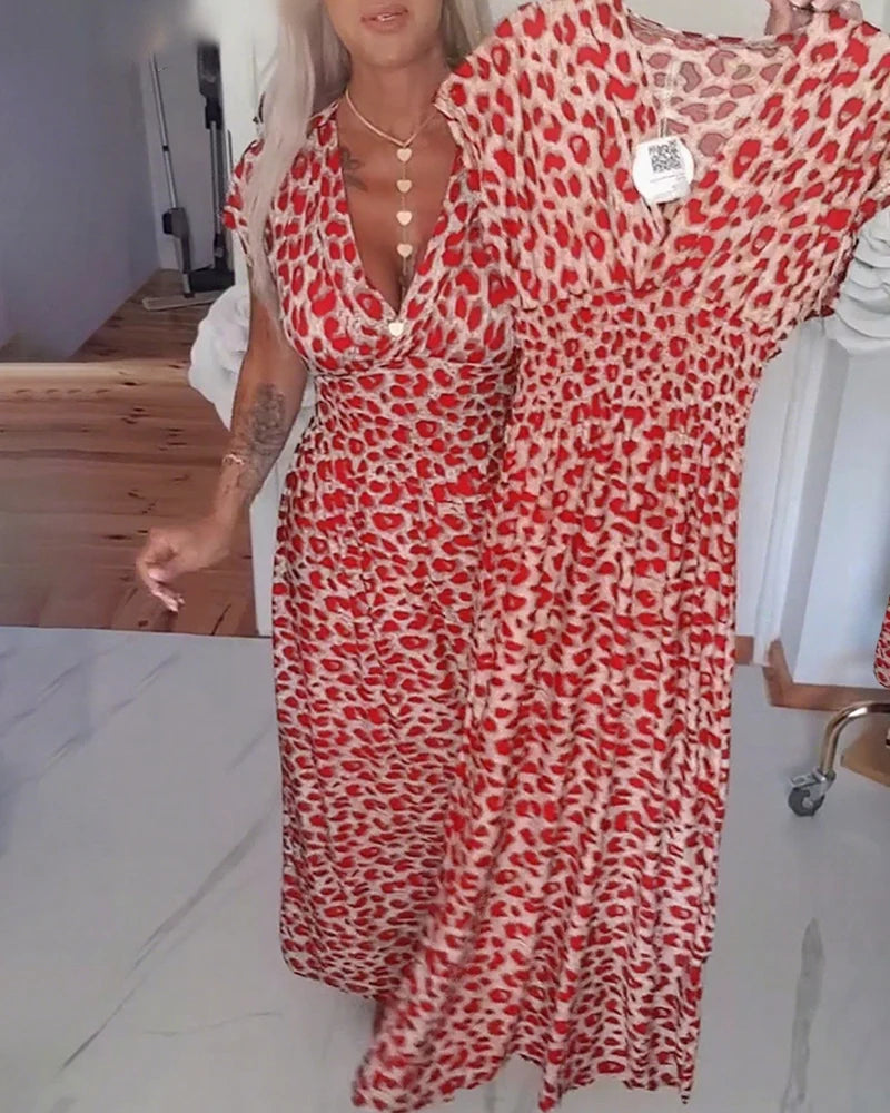 Moira | Women’s Leopard Print V Neck Short Sleeve Flowy Maxi Dress