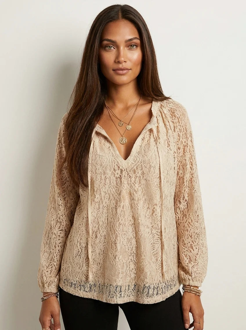 Nadia | Women’s V Neck Drawstring Long Sleeve Boho Blouse