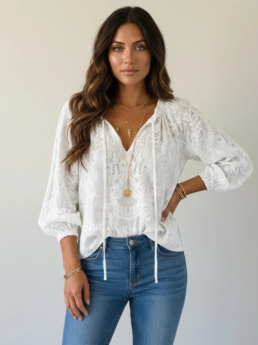 Nadia | Women’s V Neck Drawstring Long Sleeve Boho Blouse