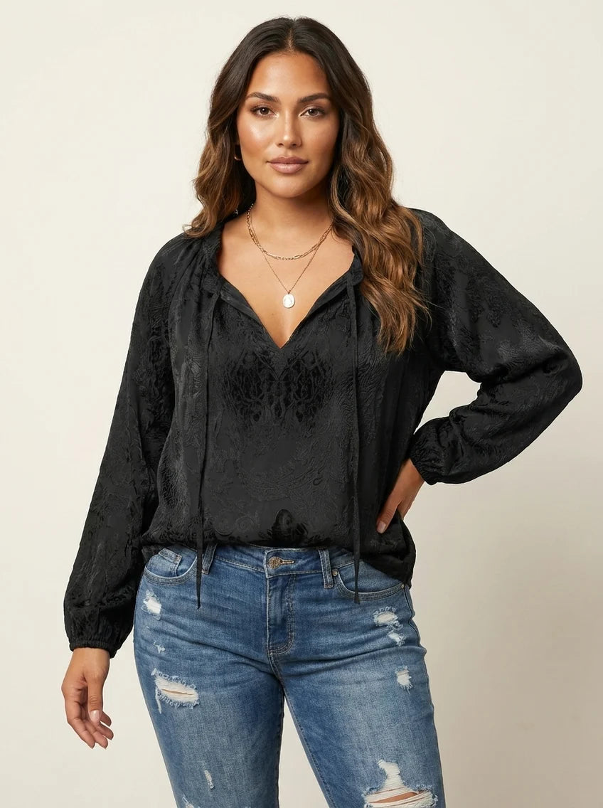 Nadia | Women’s V Neck Drawstring Long Sleeve Boho Blouse