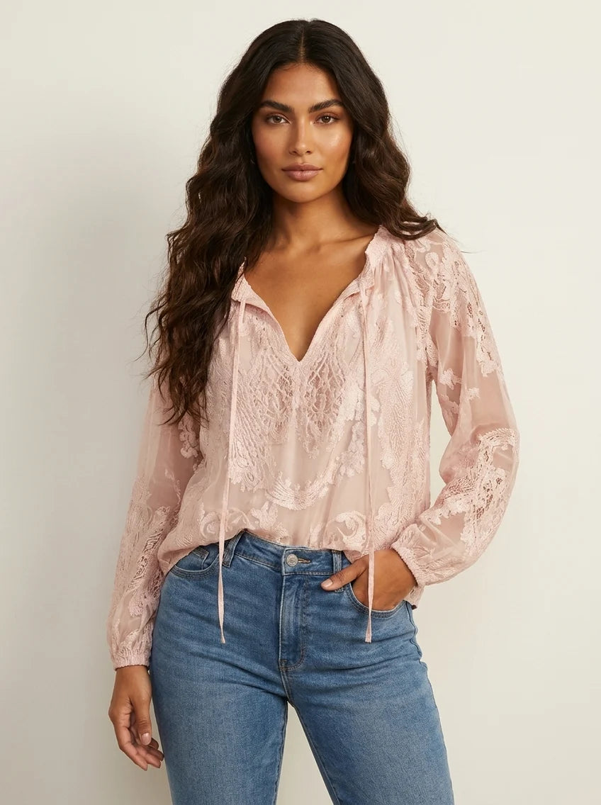 Nadia | Women’s V Neck Drawstring Long Sleeve Boho Blouse