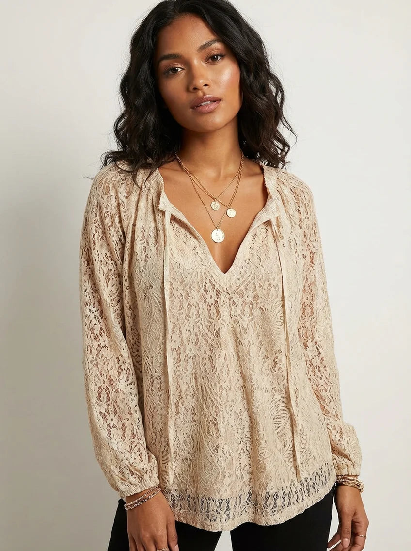 Nadia | Women’s V Neck Drawstring Long Sleeve Boho Blouse