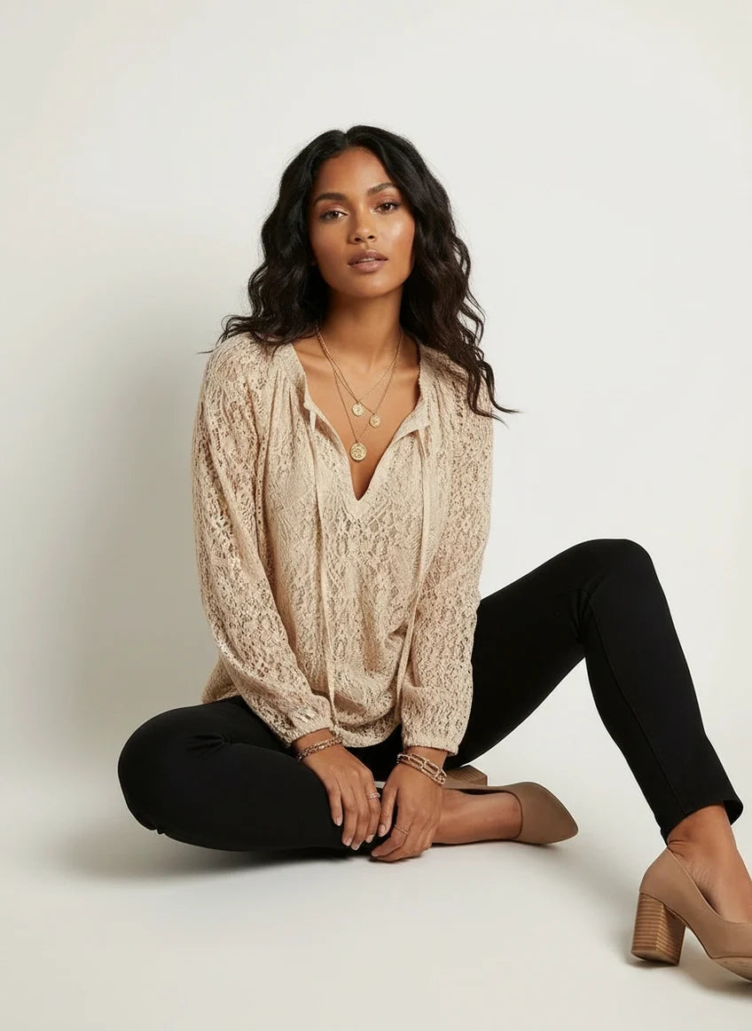Nadia | Women’s V Neck Drawstring Long Sleeve Boho Blouse