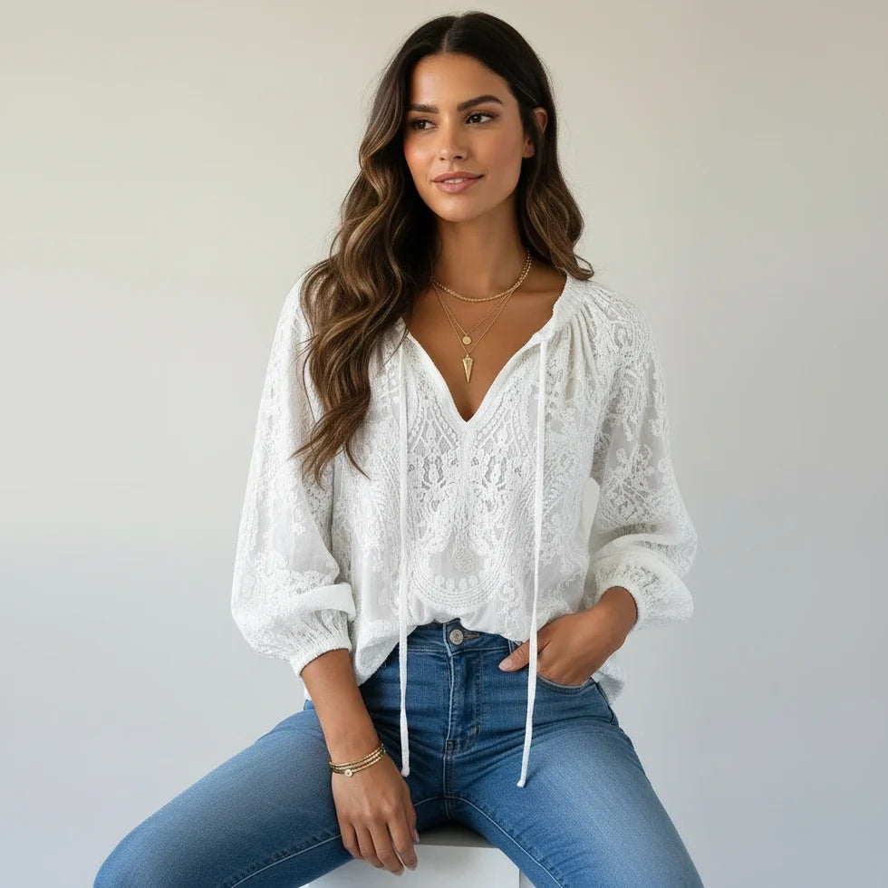 Nadia | Women’s V Neck Drawstring Long Sleeve Boho Blouse