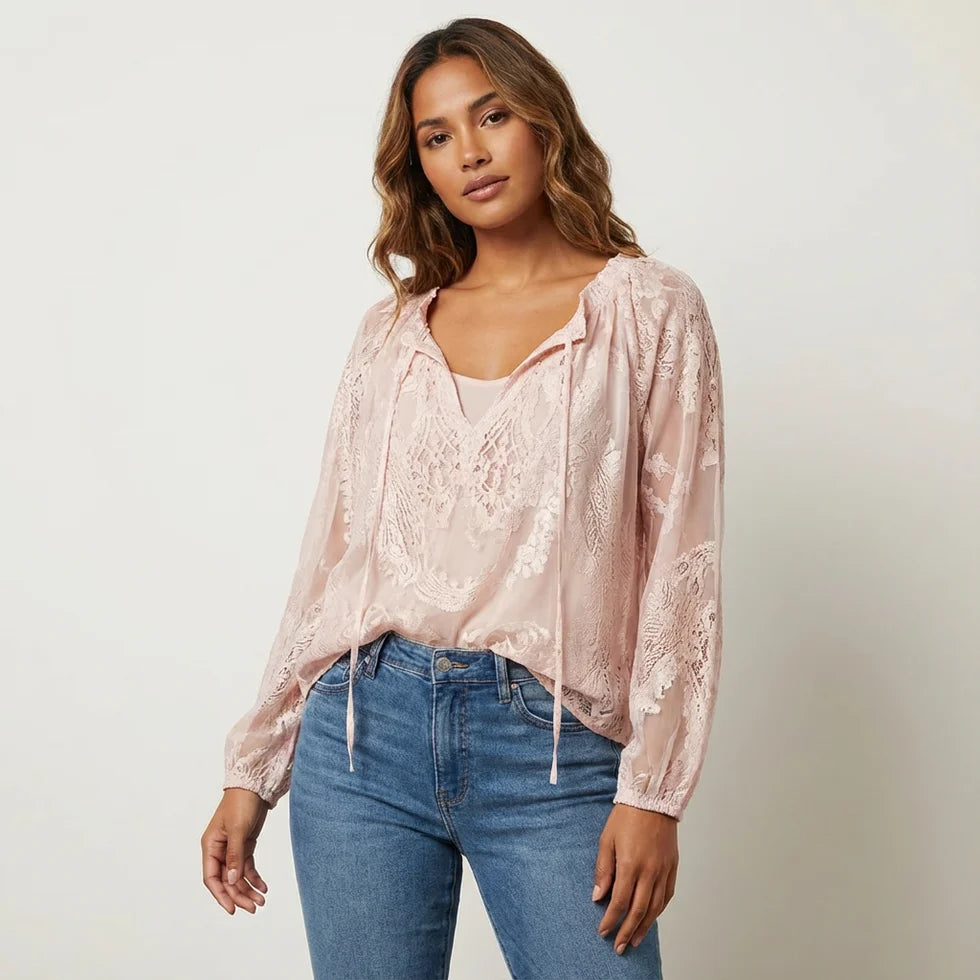 Nadia | Women’s V Neck Drawstring Long Sleeve Boho Blouse