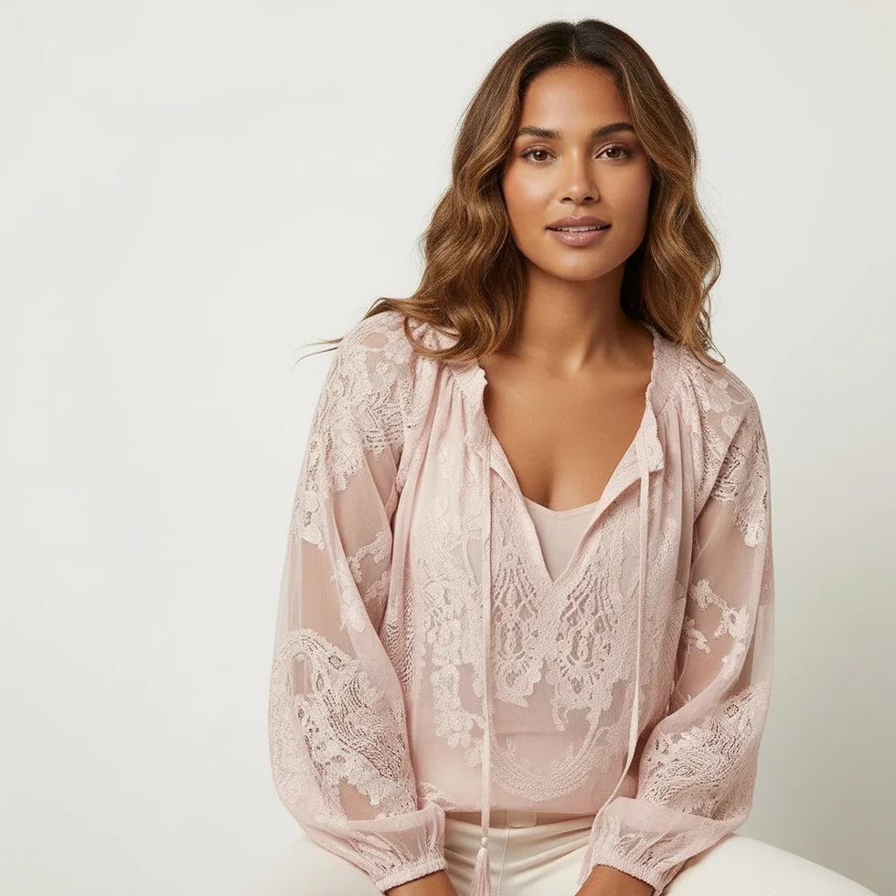 Nadia | Women’s V Neck Drawstring Long Sleeve Boho Blouse