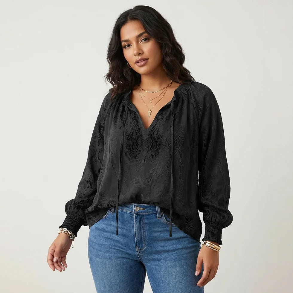 Nadia | Women’s V Neck Drawstring Long Sleeve Boho Blouse