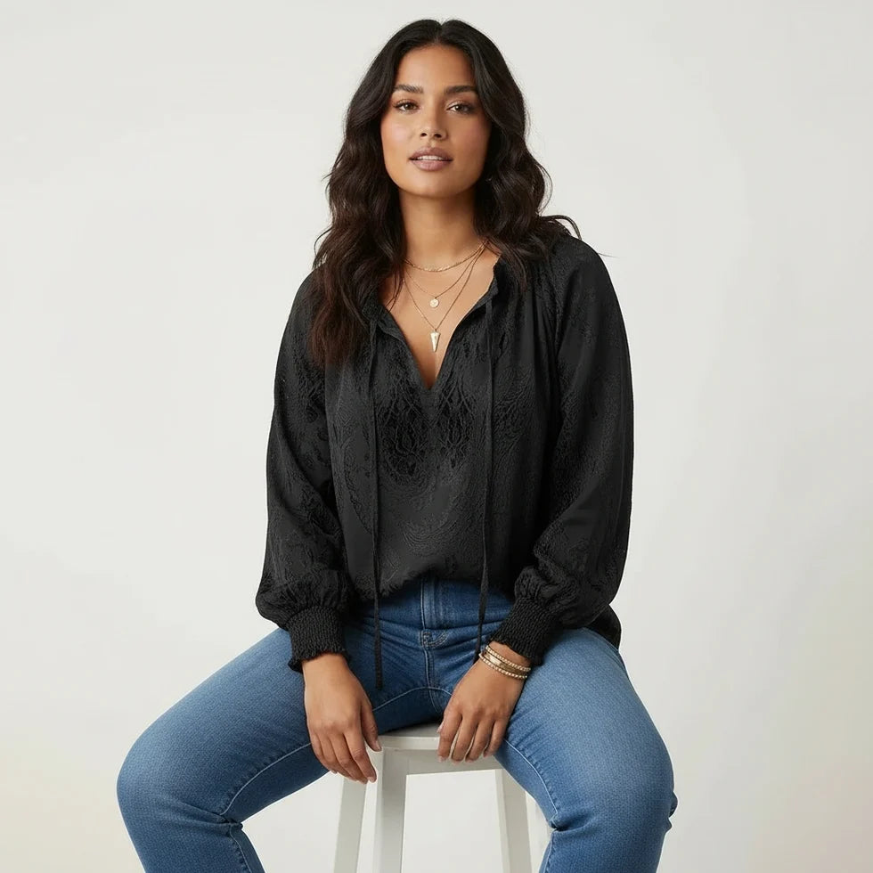 Nadia | Women’s V Neck Drawstring Long Sleeve Boho Blouse