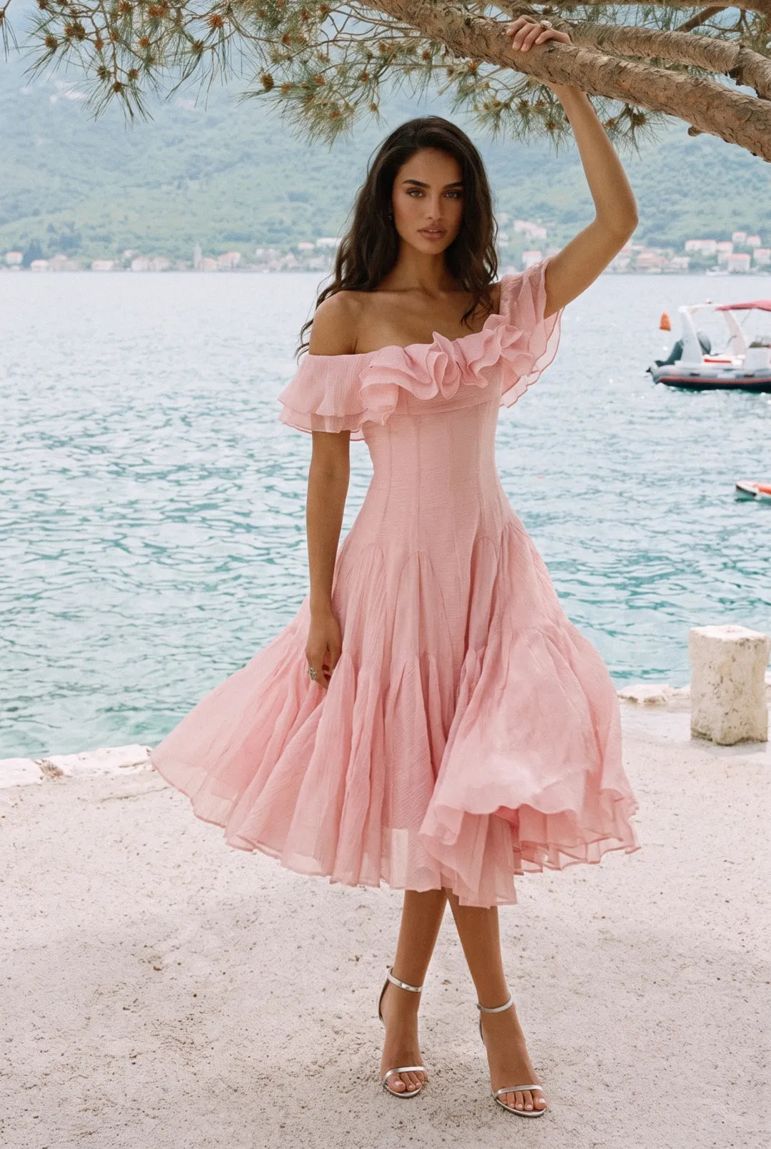 Noel | Women’s Off Shoulder Ruffled Tiered Flowy Midi Dress