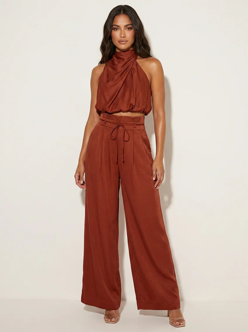 Norma | Women’s Halter Neck High Rise Wide Leg Two Piece Set